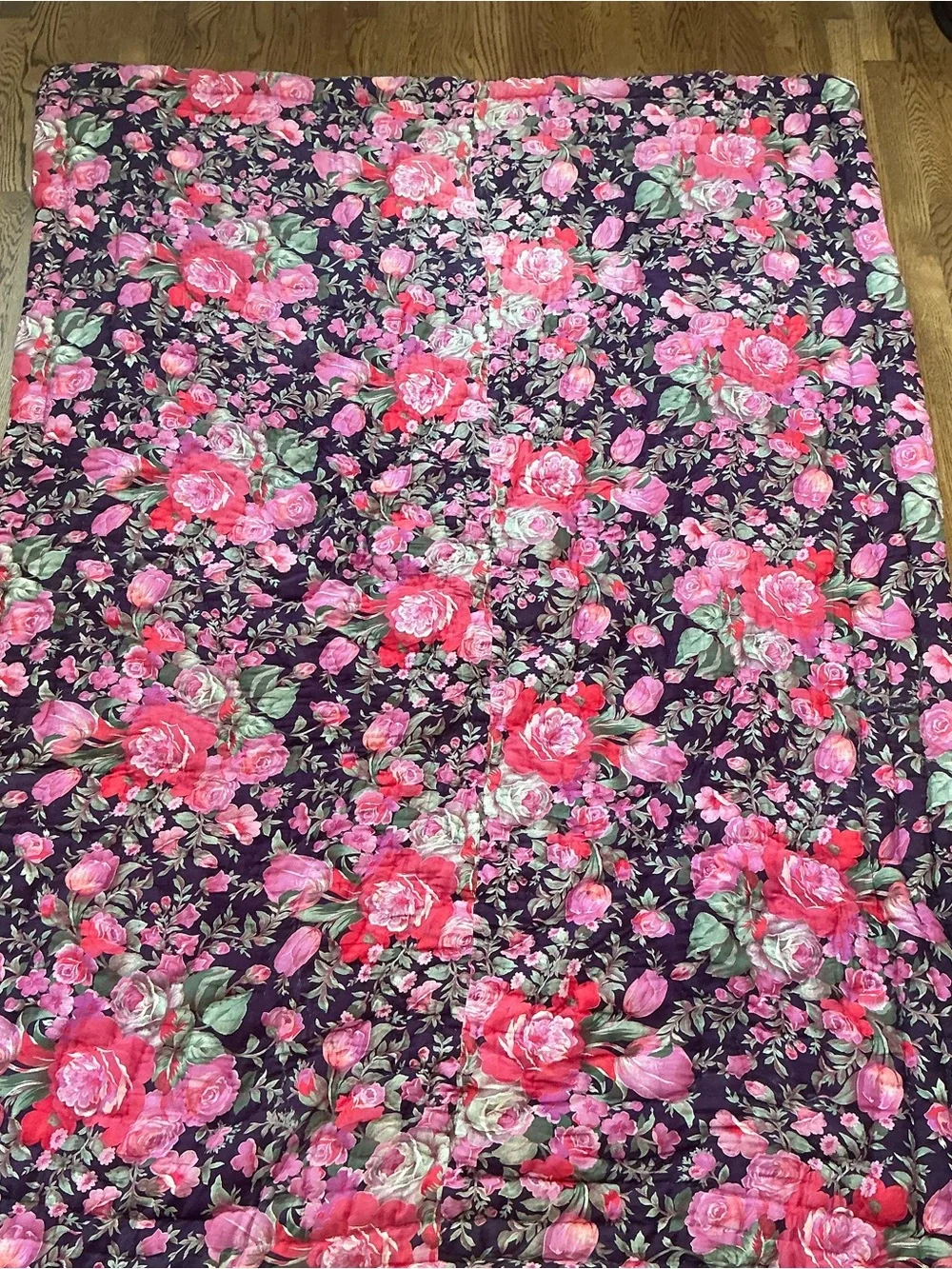 Vintage hand stitched floral sateen feel quilted blanket 56 x 79” USA made